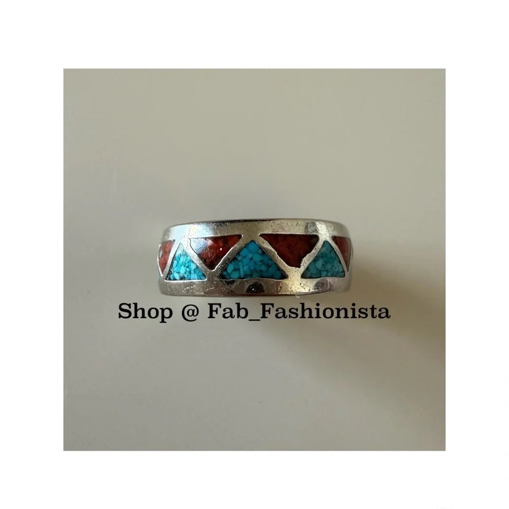Turquoise & Carnelian Inlay Ring Sterling Silver Band 7